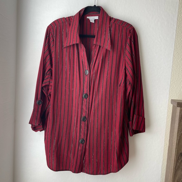 Dressbarn Button Up Blouse Built In Tank Shell Red/Black/Silver Striped Sz 22/24 - Picture 2 of 14
